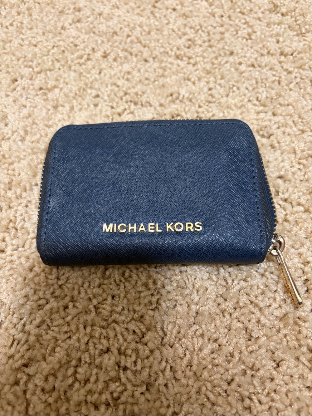 Michael Kors Navy Saffiano Zip Card Case with Gold Logo